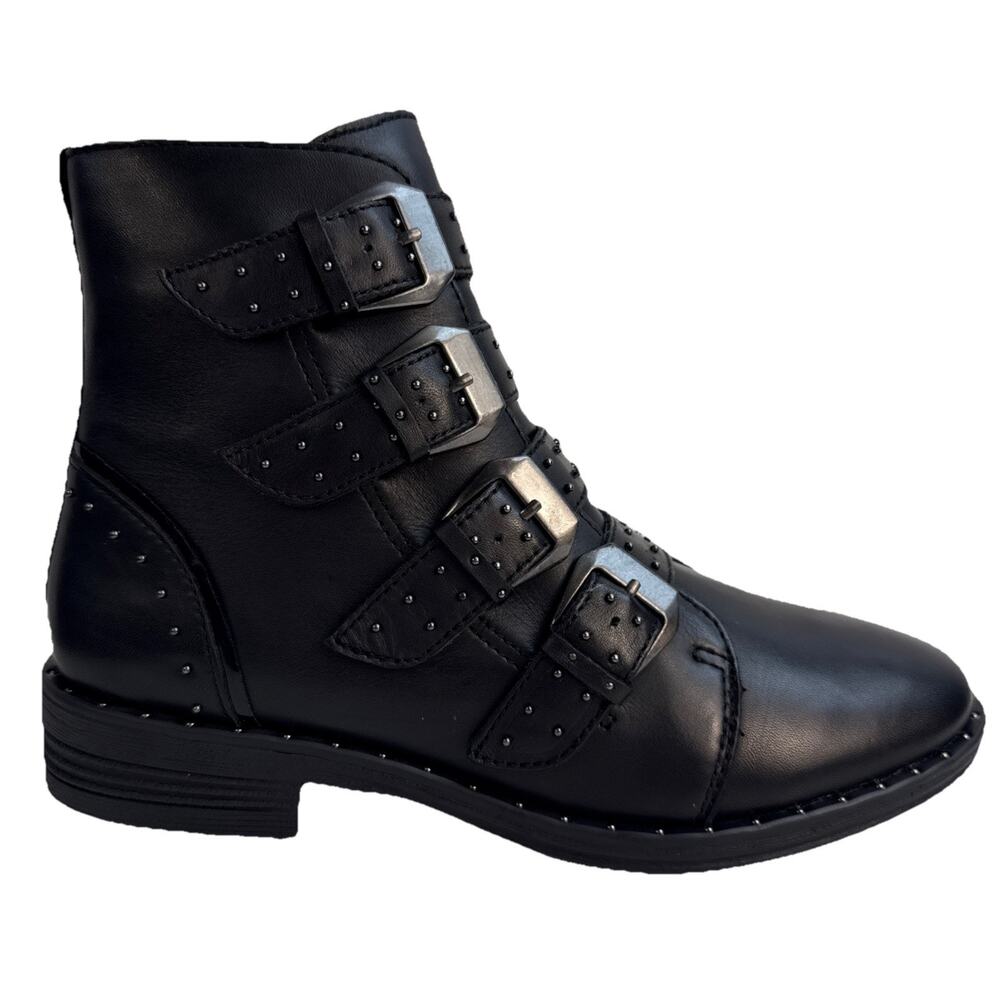 Steve Madden Boots Pursue Buckled Straps Stud Black Leather Shoe 6 NWB